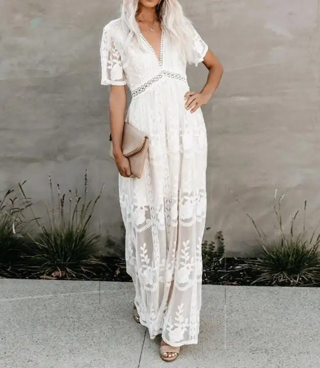 Lace Deep V Neck Beach Light Wedding Boho Water Soluble Embroidery Maxi Dresses