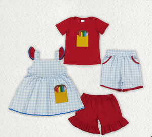 Ensembles de rentrée scolaire pour frères et sœurs, garçons et filles, avec broderie, poches pour crayons Apple, coupe courte - Product Image 4