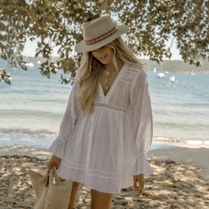 Top a Maniche Lunghe con Gonna Corta Abbinata, Abito da <span class=keywords><strong>Spiaggia</strong></span> per Vacanze, Copricostume Bianco in Cotone - Product Image 6