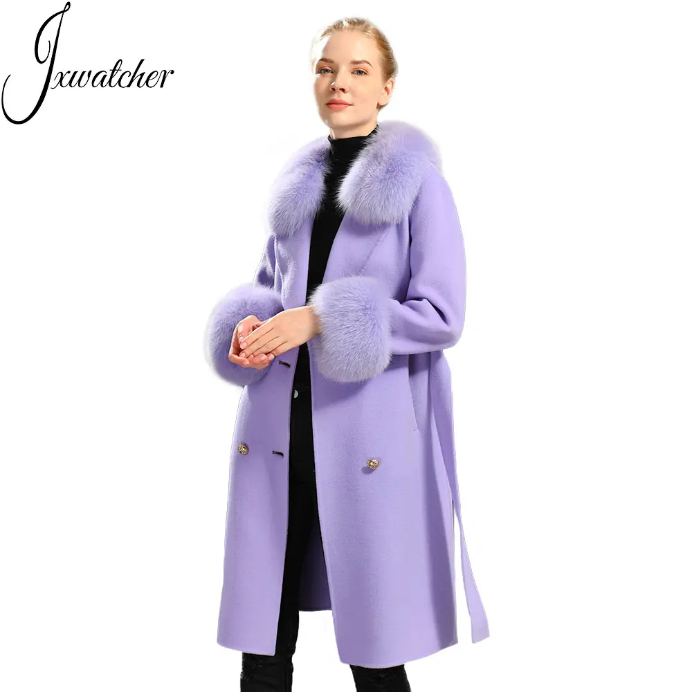 Double Faced Wool Coat with Fur Winter Real Fox Fur Collar Long Plus Size Ladies Handmade Women Cashmere Wool Coat for Women