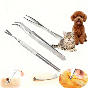 携帯用ステンレス製3ピースダニ取りツール、犬猫用ノミ取りピンセット - 簡単使用、ペットや小動物のための日用品 - Product Image 1