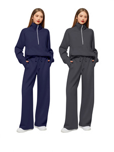 Wholesale Women Two <b>Sets</b> Breathable Polyester Tracksuit Half Zip Pullover Sweatshirt Wide Leg Sweatpants - Product Image 4