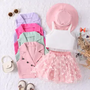 children clothes 4 piece set Summer fashion girl clothing suit with suspender+butterfly mesh skirt+sleeveless suit+hat