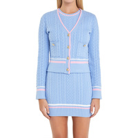 Ensemble jupe et cardigan en tricot torsadé 100 % coton pour femme, col boutonné, rayé, idéal pour le printemps, les événements universitaires et les occasions décontractées (vente en gros, personnalisable)