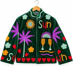 Indian Handmade Suzani Emerald Green <b>Velvet</b> Embroidered Bomber <b>Jacket</b> <b>Women</b> V-neck Long Sleeve Thick Winter Breathable Quick Dry - Product Image 5