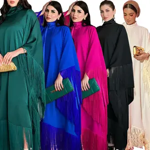 2024 Zomer Effen Kleur Kwastjes Patchwork Abayas Dubai Vrouwen Vintage Feestjurk Moslim Kleding Abaya Vrouwen Moslim Jurk