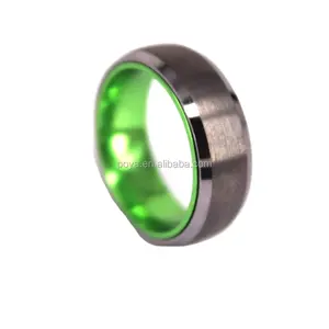 POYA Jewelry 8mm Anodized Green Aluminum Ring Interior, Brushed Matte Finish Silver Tungsten Carbide Ring Outer