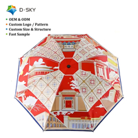 Parapluie UV entièrement automatique à 3 plis avec colle noire, imprimé architecture traditionnelle chinoise, motif logo personnalisé, parasol promotionnel