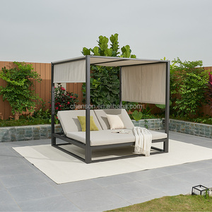 Moderno Hotel piscina playa muebles marco de aluminio al aire libre doble cama de día con cortinas y dosel - Product Image 3