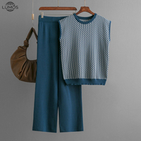 Ensemble deux pièces tricoté décontracté d'été Lumos pour femme - Haut sans manches à col rond en chevrons + pantalon décontracté lavable