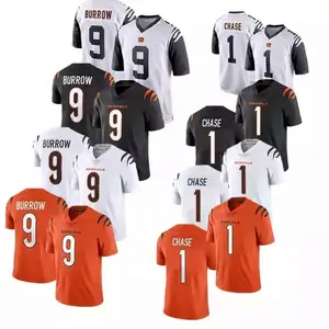 New American Cincinnati Bengal 9 Joe Burrow 1 JaMarr Chase maglia da calcio cucita da uomo arancione di alta qualità