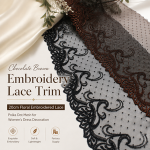 Passamaneria in pizzo ricamato marrone cioccolato 20 cm, pizzo floreale ricamato, tessuto in pizzo nero <span class=keywords><strong>con</strong></span> pois per decorazione abiti da donna - Product Image 1