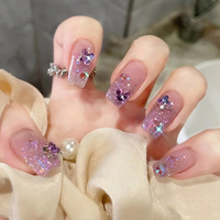 Uñas Postizas Removibles de Alta Gama con Diamantes Morados en Degradado y Flores con Pedrería, Exquisitas y Elegantes