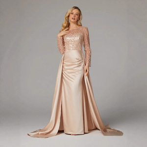 Vestido de noche elegante de manga larga con lentejuelas, cuello barco y cintura natural - Product Image 1