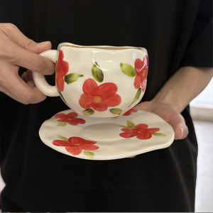 Tasses à café en céramique faites à la main, motif nuage bleu, avec soucoupe irrégulière, ensemble de tasses à thé de l'après-midi, 300 ml, mug pour couple, cadeau - Product Image 3