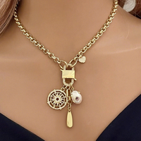 NM52436 Plaqué Or Rolo Chaîne Fermoir Perle Roue Fleur Coeur Forme CZ Micro Pave Charme Pendentif Collier Bijoux Cadeau