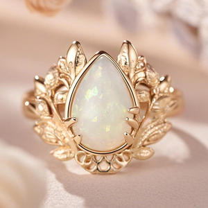 Anello A005 con Opale, Oro Massiccio 18K Placcato Oro Rosa, Gemma Taglio a Pera, Design a Pianta, Gioiello Raffinato da Donna per Fidanzamento - Product Image 5