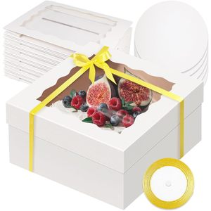 Caja para Pastel Blanca con Ventana, Bases Redondas <span class=keywords><strong>Blancas</strong></span> para Pastel de 12 Pulgadas, Contenedores para Pastel de 12 Pulgadas, 10 Metros de Cinta de Seda Dorada - Product Image 1