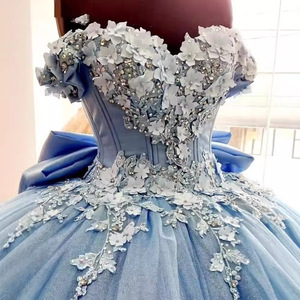 Blue Off The Shoulder Ball Gown Chiffon Floral Print Empire Waistline Evening Dress For Piano Performance Graduation Ceremony - Product Image 2