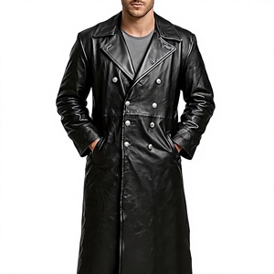 Manteau long en cuir véritable pour homme, double boutonnage, col à revers, avec poches, coupe classique - Product Image 1