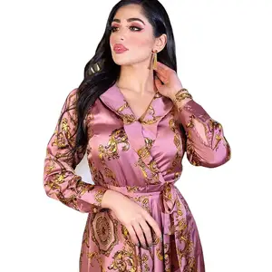Y2K Gaun Muslim Wanita Abaya Timur Tengah Motif Bunga Elegan Gaun Malam Maxi Lengan Panjang Wanita Abaya Dubai