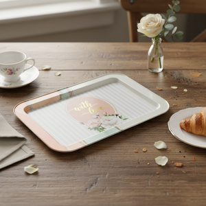 Kontensan EF169S6 310x430mm Elegant Antique Rectangular Wood Serving Tray White Pattern Rose Gold Background Made Acacia Mango - Product Image 3
