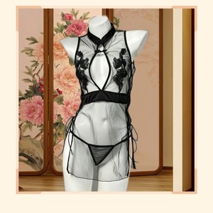 Lencería Cheongsam de Malla Transparente Golden Shuttle Weaving Fun, Ropa Interior Sexy de Estilo Chino en Color Negro para Mujer, Verano 2025 - Product Image 4