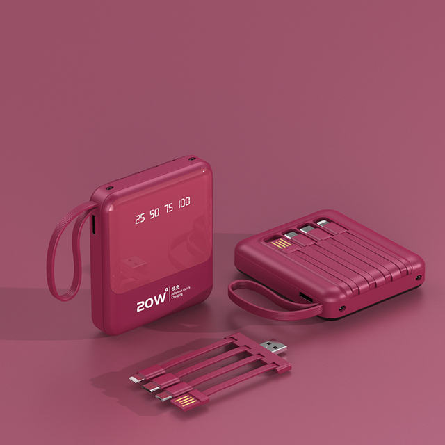 Portable 10000mAh Power Bank with LED Display Fast Charging Type-C & Micro USB Outputs 4 Built-In Cables Ultra Slim Design