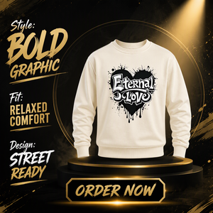 Men's Ivory <b>Crewneck</b> Sweatshirt 350GSM Cotton Heart Graphic Print Regular Fit Pullover Hoodie - Product Image 6