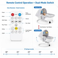 Berceau à bascule pour bébé 2-en-1, balançoire électrique avec 5 niveaux de vitesse, 3 minuteurs, 10 mélodies, Bluetooth et télécommande, moustiquaire