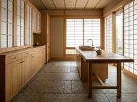 Meubles de cuisine en bois massif de style zen minimaliste japonais, écologiques, avec poignées encastrées intégrées, îlot modulaire, bordure industrielle