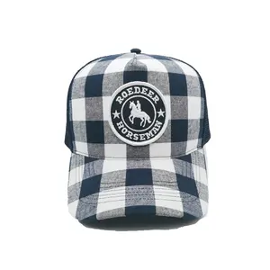 Trucker Mesh Hats With Customized embroidery patches badges 5 Panel Gingham Checked High Profile Structured Trucker Caps Hats