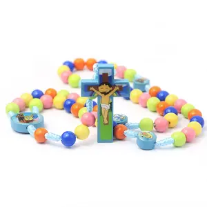 Wooden Cross Necklace Catholic Colorful Round Beads Cartoon children's Rosary Necklace Jewelry