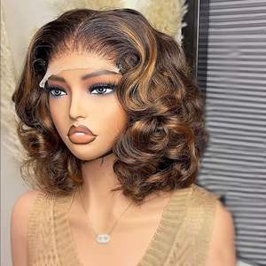 Promotion Ombre Short Bob <b>Wigs</b> Human Hair 280Gram 5x5 Transparent Lace Closure <b>Wigs</b> Brown Bouncy Curly <b>for</b> <b>Black</b> <b>Women</b> - Product Image 1