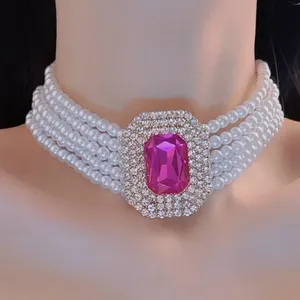 2024时尚饰品甜美闪亮钻石珍珠项链个性化时尚配饰方形钻石红色水晶项链