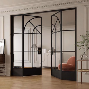 Puerta Corredera Manual Minimalista de Estilo Francés Retro, Puerta de Vidrio de Tres Paneles para Sala de Estar y Cocina, Puertas Arqueadas Interiores - Product Image 3