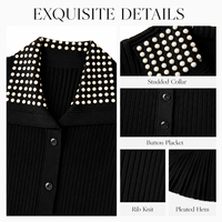 Robe en tricot pointelle noire pour femme, col polo, manches courtes, longueur midi, vente en gros, marque privée