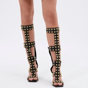 2025 mode tendance femmes <span class=keywords><strong>noir</strong></span> bout carré or goujons sandales à talons aiguilles confortable genou-haut boucle sangles sandales - Product Image 2