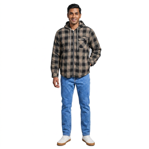 Wholesale Men's Full Zip Fleece Flannel Jackets Shirt Plaid Cotton Hoodies Soft Warm <b>Coat</b> For Men With Hood - Product Image 1