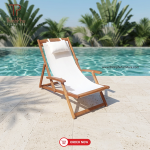 Wooden Beach Chair Folding Outdoor Lounge Chair with Polyester Fabric Coastal Style for <b>Sand</b> Use - Product Image 3