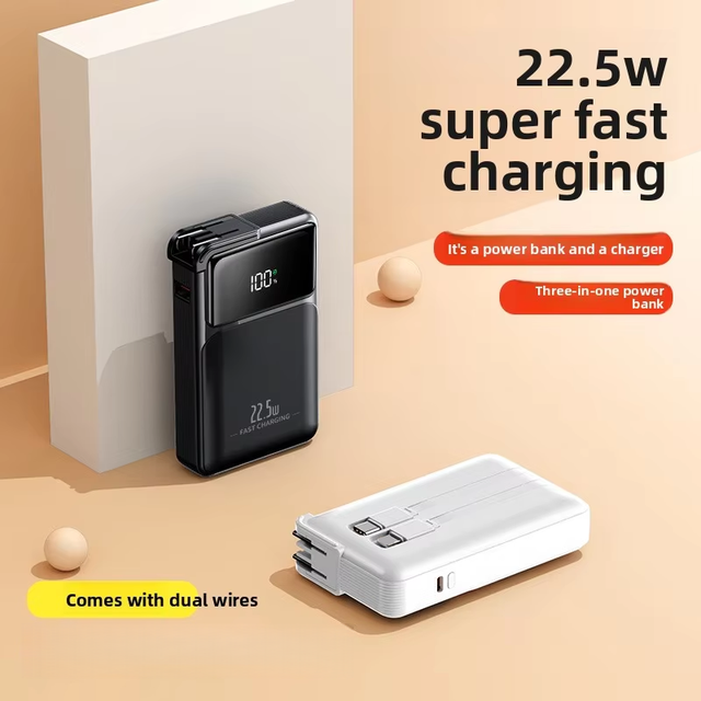 2026 New 10000mah 20000mah High-capacity 22.5W Super-fast Charging Portable Power Bank Dual Cables AC Plug Power Bank