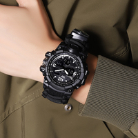 Jam tangan Digital pria, jam tangan tali payung taktis tahan air Multi fungsi, jam tangan Digital Analog tampilan ganda untuk pria