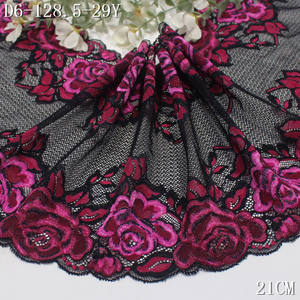 Ademende Gebreide Superzachte Kant Kwaliteit Rode Tweekleurige Roos Bloem 21Cm Zwart Spandex Stretch Elastische Kanten Rand Voor Ondergoed - Product Image 6