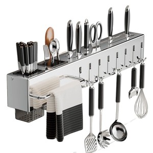 Stainless Steel <b>Kitchen</b> Knife <b>Rack</b> Wall Mounted Multi Functional Chopstick Holder With Hooks And Towel Bar For Utensil Storage - Product Image 5