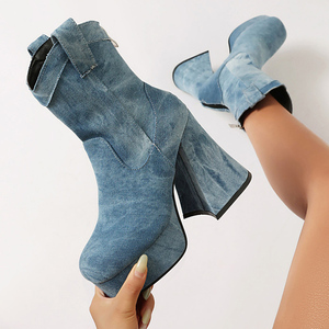 Women's High Chunky <b>Heels</b> Ankles Boots Cow Print Denim Shoes <b>Round</b> <b>Toe</b> Back Zipper Thick Platform Short Booties - Product Image 2