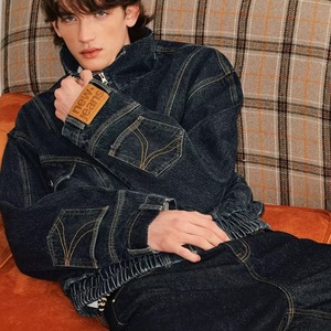 Veste coupe-vent à manches lanternes longues à capuche, style rétro américain, denim vintage lavé, design inversé, pour homme - Product Image 1