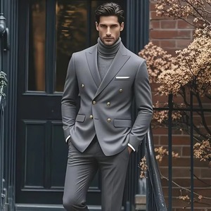 Abito da uomo di lusso personalizzato OEM, taglia XL, per <span class=keywords><strong>sposo</strong></span>, 2 pezzi, giacca e pantalone, <span class=keywords><strong>doppiopetto</strong></span>, con cerniera, stampa piatta, in tessuto pettinato, per matrimonio - Product Image 1