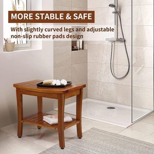 Tabouret de salle de bain en teck 51x34,5x47 cm, siège de douche à double rangement, bois massif - Product Image 3