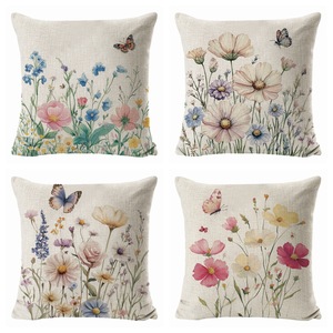 Funda de Almohada Cuadrada de Lino con Diseño de Mariposas y Flores Primaverales, 45x45cm, Transpirable, Decorativa para Sala de Estar y Sofá - Product Image 1