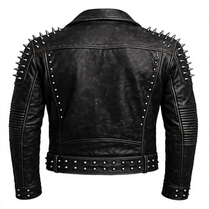 Blouson de moto pour homme style punk en cuir véritable avec rivets, fermeture éclair, ceinture, col montant, coupe ajustée, coupe-vent d'hiver, non-tissé à l'avant - Product Image 4